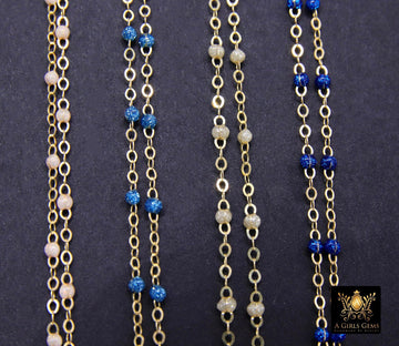 14 K Gold Filled Dainty Beaded Enamel Satellite Chain, Pearlized Beads Rainbow Jewelry CH #799, By Foot Unfinished Cable, Minimalist Permanent Jewelry, White, Pink, Black, Aqua, Navy Blue, Yellow